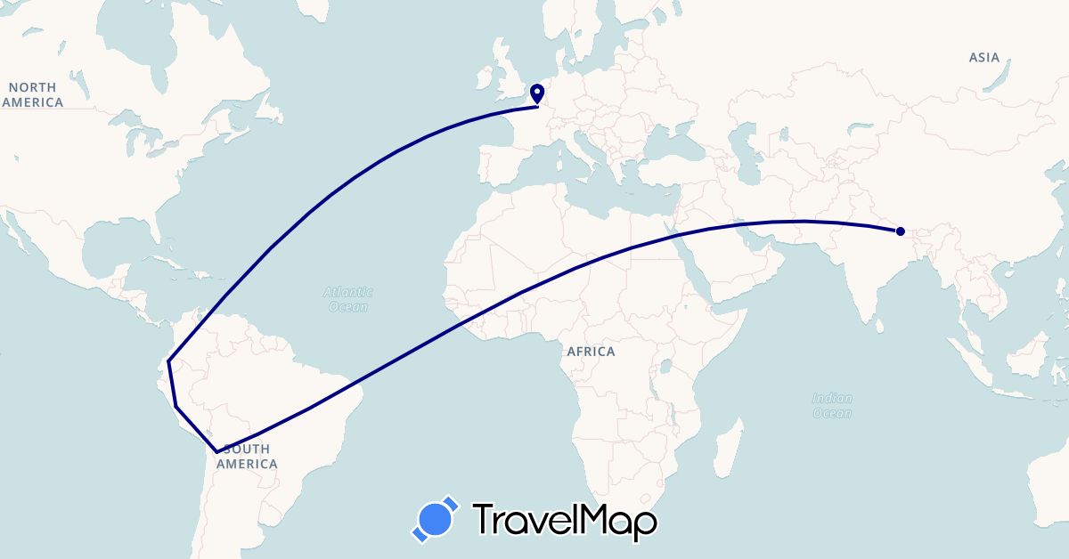 TravelMap itinerary: driving in Bolivia, Ecuador, France, Nepal, Peru (Asia, Europe, South America)